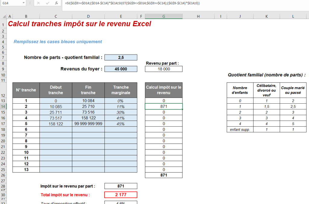 formule excel calcul impot revenu exemple