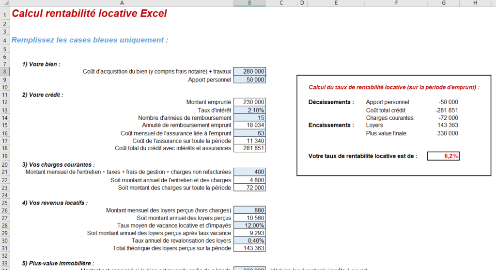 calcul rentabilité locative excel