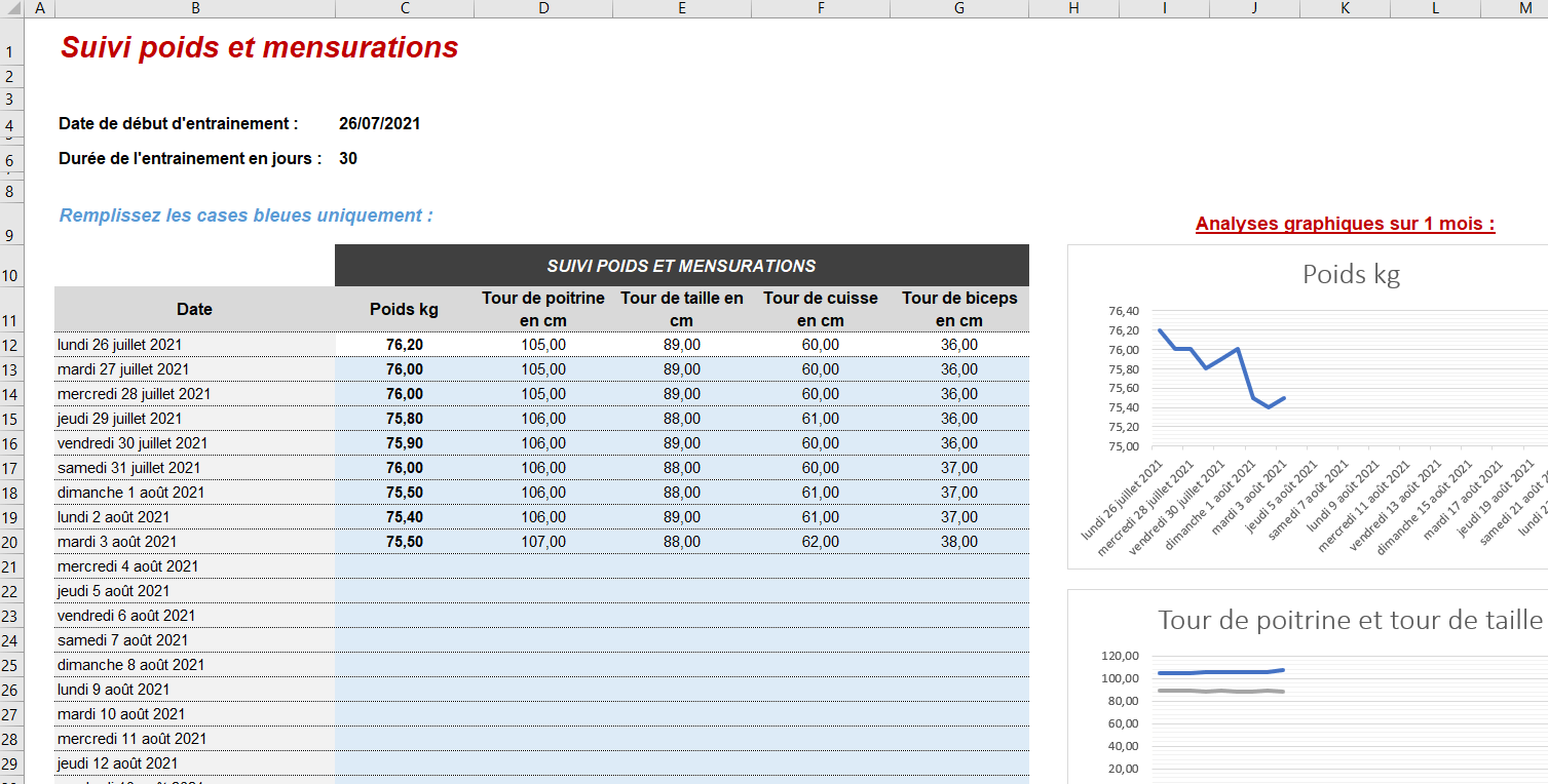 Fichier Excel préparation physique + suivi d'entrainement