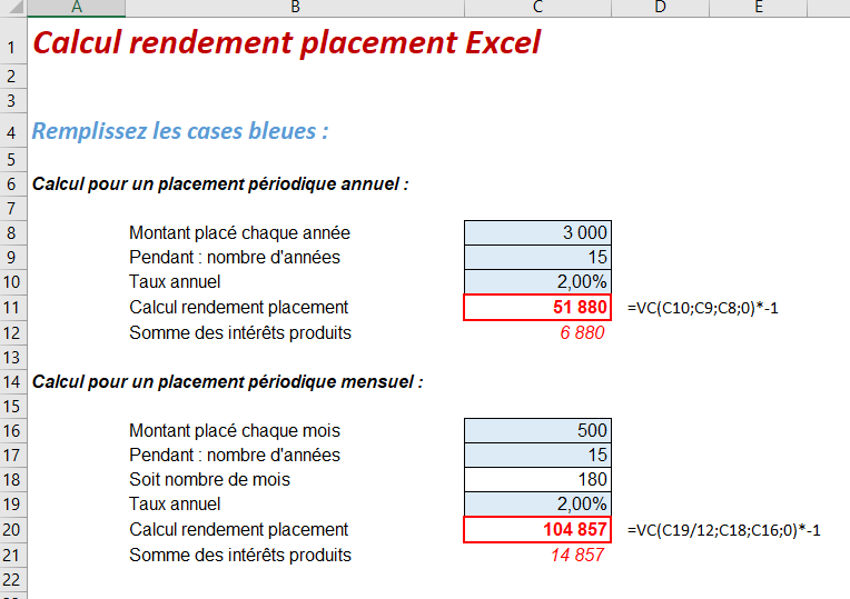 calcul rendement placement excel exemple