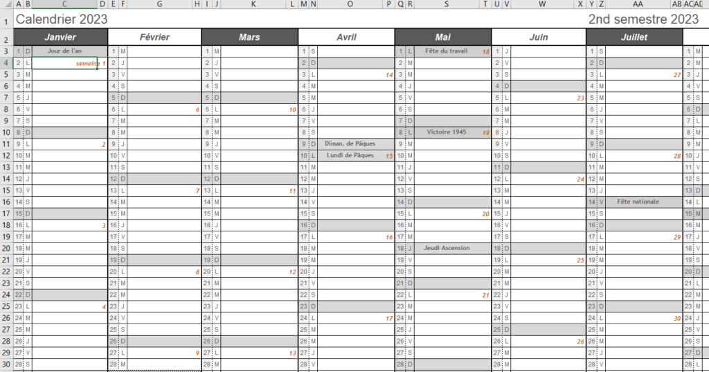 calendrier 2023 excel à imprimer gratuit