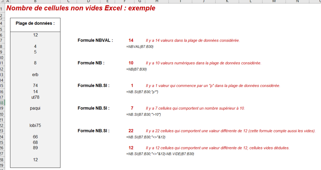 nombre de cellules non vides excel exemple