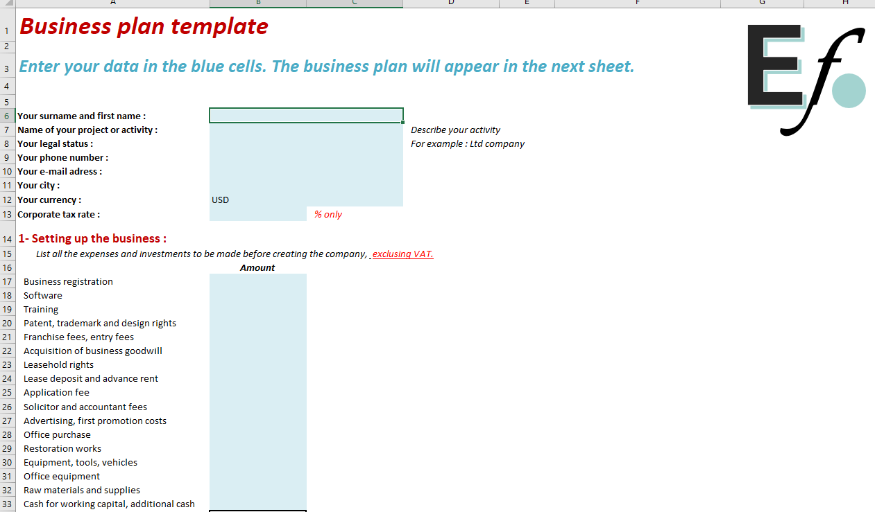 Simple Excel Business Plan Template Free