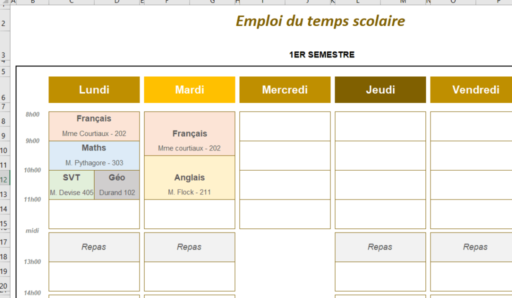 emploi du temps scolaire modèle gratuit Excel