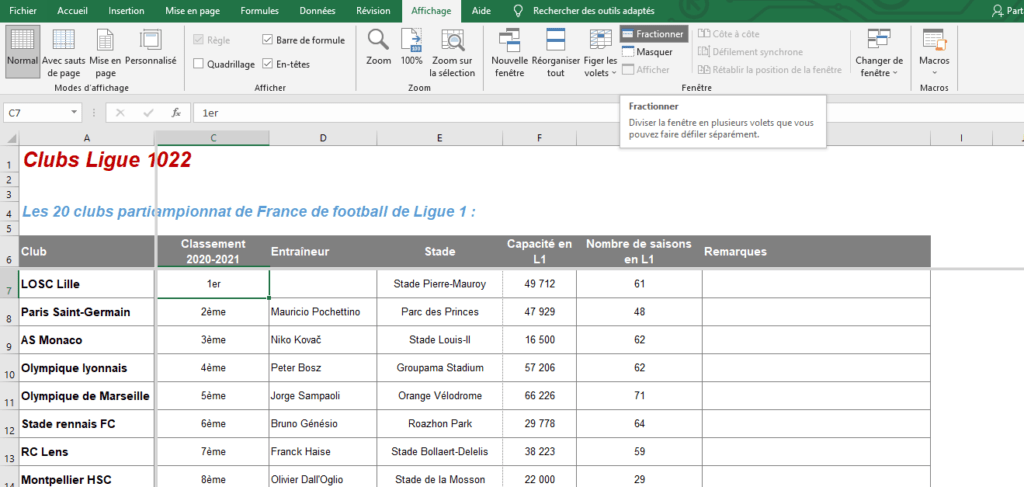 Figer une ligne Excel fractionner