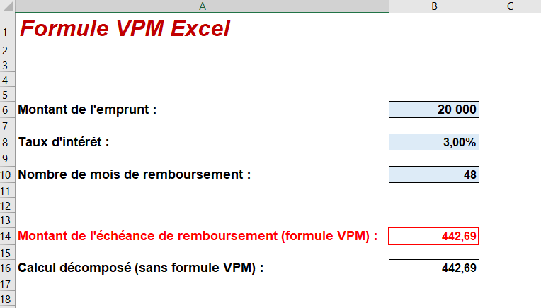 formule VPM excel explication signification exemple