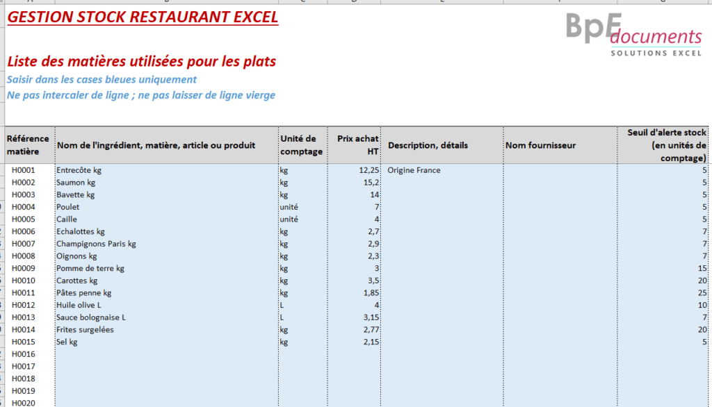 gestion stock restaurant excel gratuit exemple