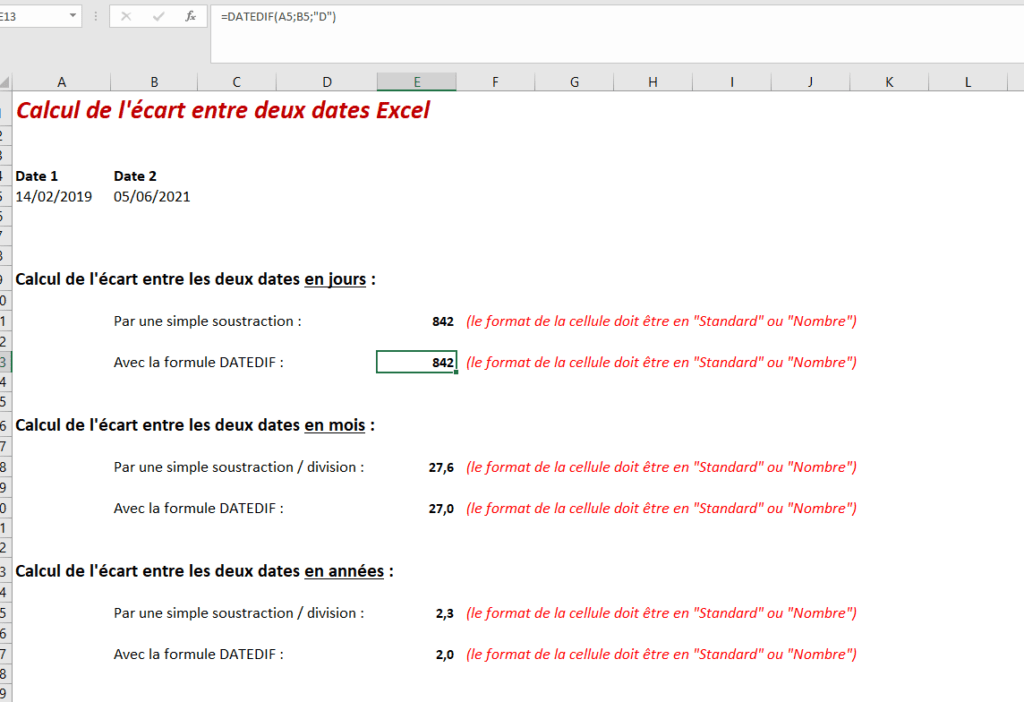 comment calculer une durée entre deux dates excel écart