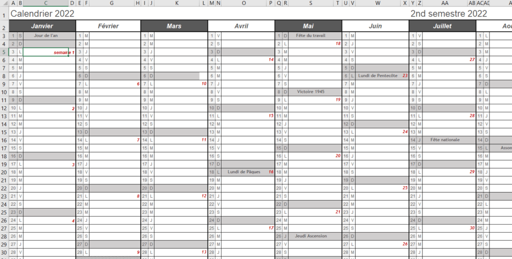 calendrier 2022 excel à imprimer jours fériés vacances scolaires