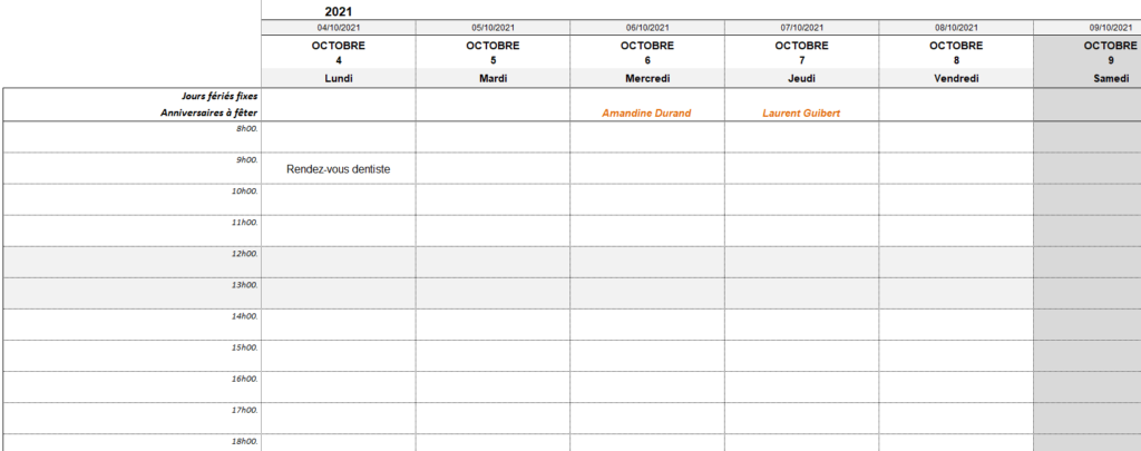 exemple agenda excel gratuit trame