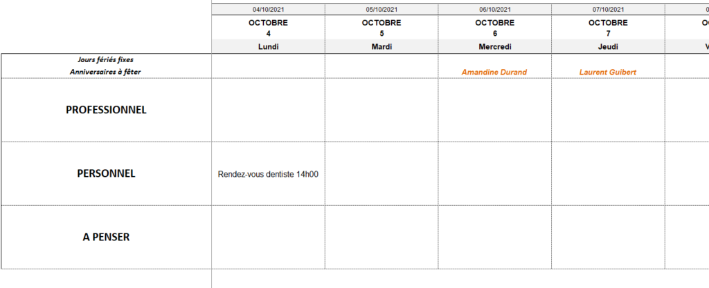 exemple modèle agenda excel gratuit