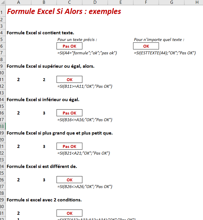 formule excel si alors exemple